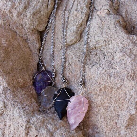 Amethyst Crystal Arrowhead Necklace w/ Dainty Skull Details - Picture 2 of 3